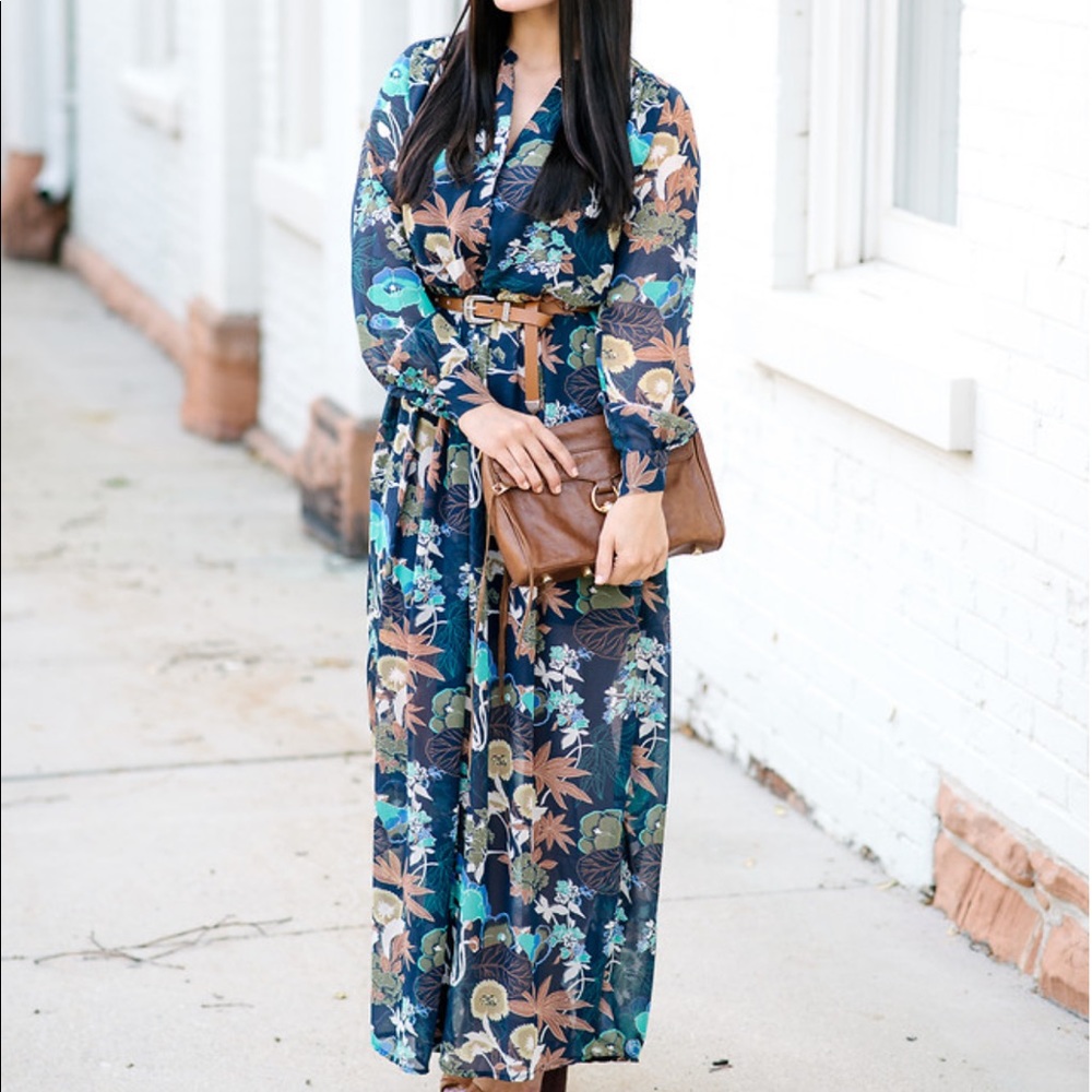 ❌SOLD❌H&M conscious long sleeve chiffon maxi Boho dress semi-sheer with belt - Picture 1 of 10